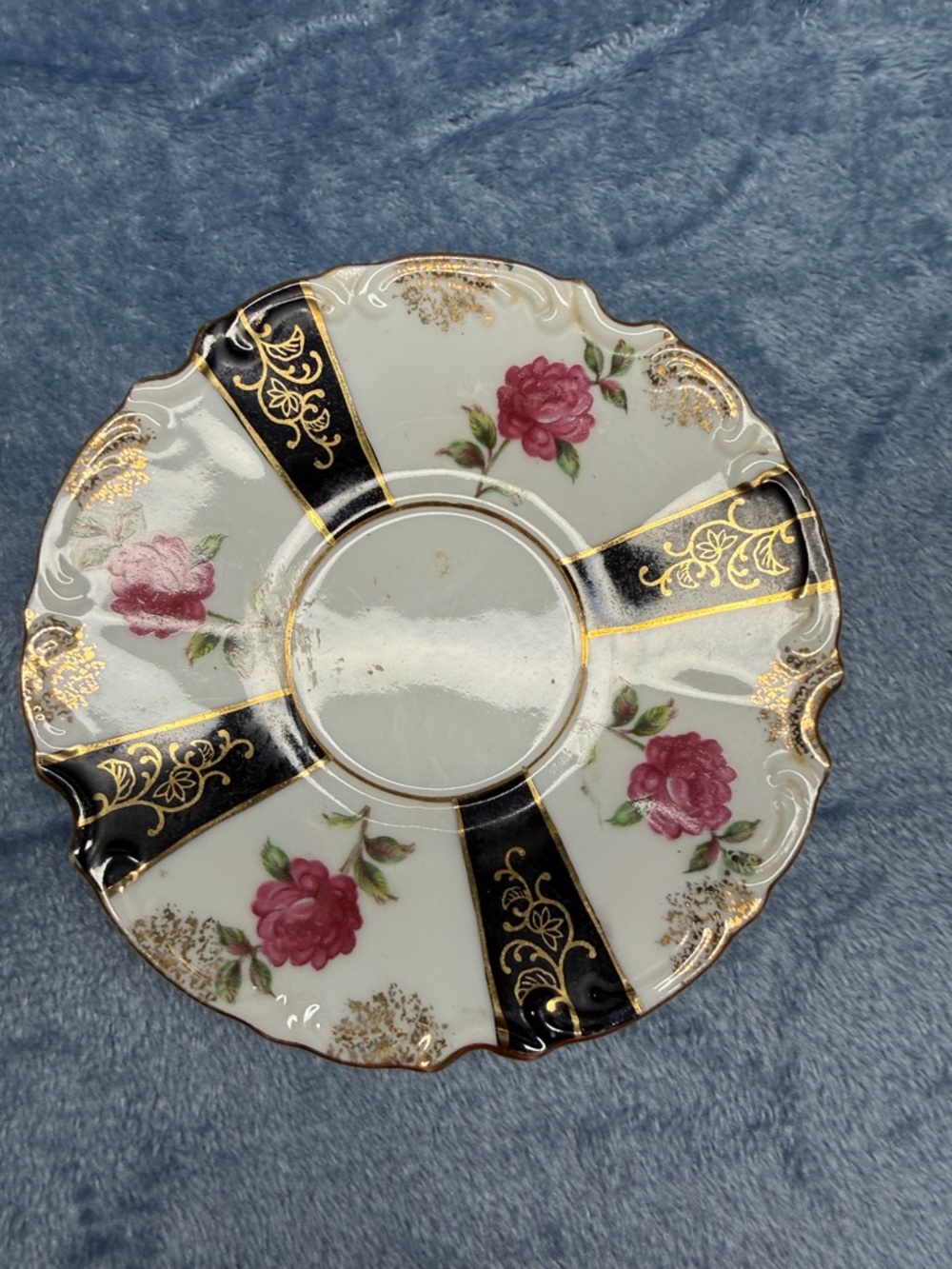Vintage Pink Rose Porcelain Saucer with Black and Gold Bands